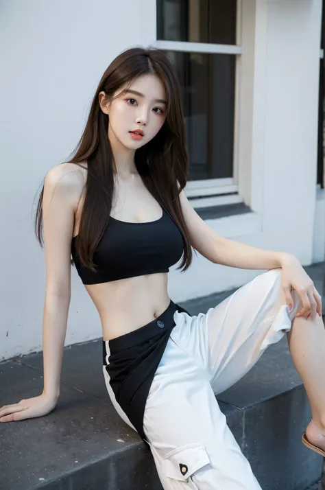 ultra high quality, smooth realistic lighting, background: street, pretty Korean girl, front facing, pale skin, smooth skin, full body image, wearing tight black crop top with flower pattern, wearing baggy white cargo pants, long hair, brown hair, big brig...