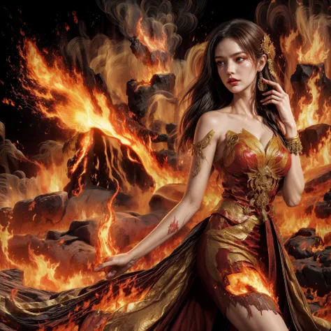 a woman in a dress with fire and flames on her body, dress made of fire, her body made of flames, fire dress, lava and fire goddess, goddess of fire, ornate with fiery explosions, full dress of lava showcase, beautiful digital artwork, appears as the fire ...