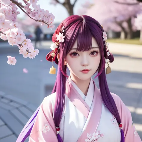 purple hair, Medium and short hair, Cherry blossoms in your hair, Red-black eyes, White skin, Face slightly red and shy, Pink Hanfu