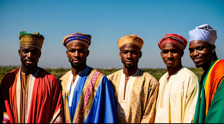 several men in colorful clothing are posing for a picture, ethnic group, Hausa, edited, wearing authentic attire, traditional clothing, elaborately costumed, wearing traditional garb, traditional clothes, wearing ornate clothing, festival of rich colors, v...