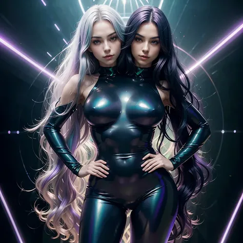 Masterpiece, best quality, 1girl, with long flowing iridescent hair in shades of purple, blue, and green, wearing a sleek black bodysuit, standing in a dramatic pose with one hand on her hip and the other holding a glowing, magical crystal ball. In the bac...