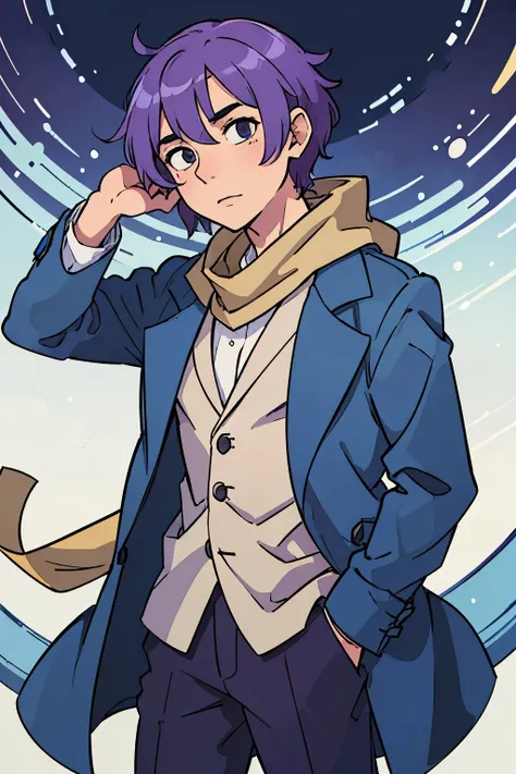 (best quality:0.8) perfect anime illustration, a guy wearing a blue trenchcoat and beige scarf having purple hair