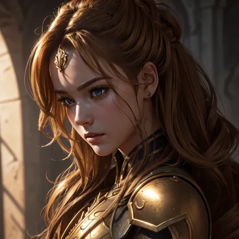 (CG 8k wallpaper extremely detailed, masterpiece, best quality, ultra-detailed), (better lighting, better shadow, extremely delicate and beautiful), dynamic angle, ((1girl)), gorgeous, golden bronze hair, messy updo, black armor, anguish, battleworn