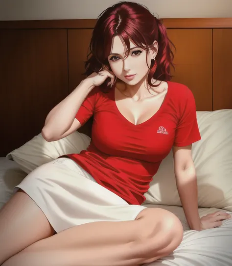 there is a woman sitting on a bed wearing a reddish t-shirt, manga 3/4, biquini fio dental branco, mulheres de 35anos, posando em um quarto, ela tem cerca de 35 anos, (35 anos), o extremamente quente e sexy, 8k