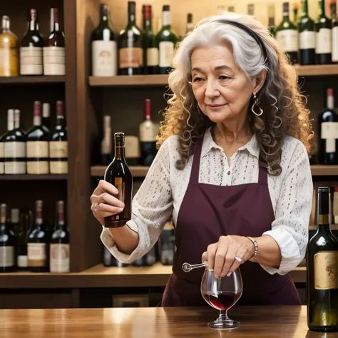 Make a Very Old (Like 60+ Years Old) Grandma With Curly Long Hair Pouring Wine or Beer In Liquor Store