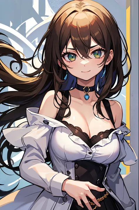 ((best quality)), ((masterpiece)), 1girl, rating:safe, solo, breasts, green_eyes, brown_hair, smile, looking_at_viewer, long_hair, cleavage, upper_body, bare_shoulders, closed_mouth, medium_breasts, large_breasts, off_shoulder, eyebrows_visible_through_hai...