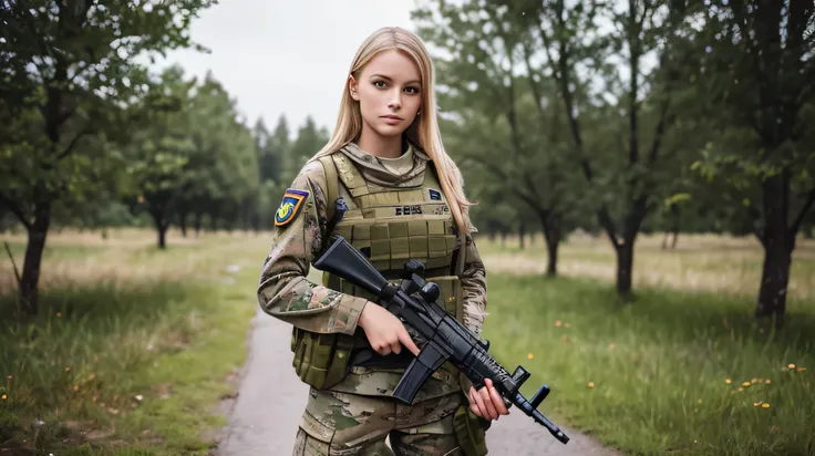 A young woman with blonde hair and green eyes, dressed in military attire, posing for a photo session while holding a rifle outdoors, reminiscent of Call of Duty and Escape from Tarkovs Private Military Company (PMC), with the Israeli flag in the backgroun...