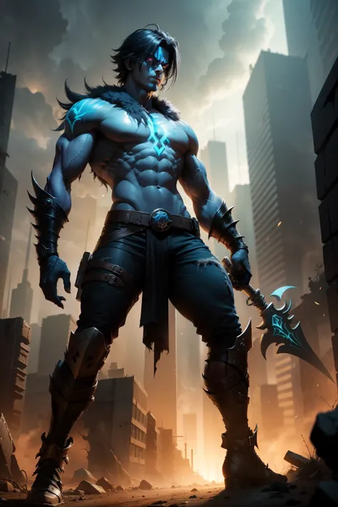 ultra-realista, Soul Reaver in a post-apocalyptic setting, facing a dark path with the determination to grow stronger and stronger with a tall, well-built body