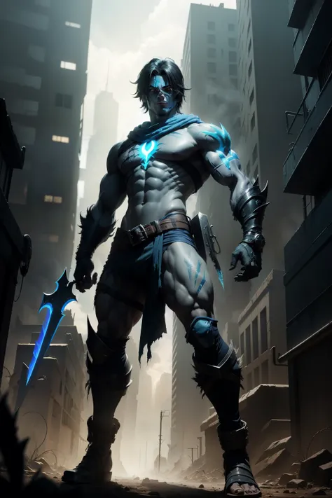 ultra-realista, Soul Reaver in a post-apocalyptic setting, facing a dark path with the determination to grow stronger and stronger with a tall, well-built body