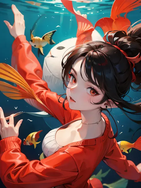 woman with red corals around her body, wearing only long light sweater, long black hair, dark eyes, fins and fish in ears, sunny beach background 