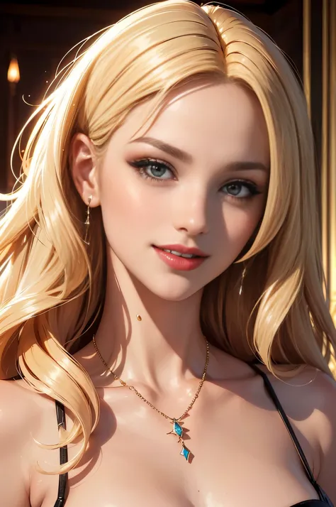 Masterpiece, sublime extreme (close-up on lips:1.2), twothirds angle, focused on lips, half-open mouth, impeccable beautiful smile of a wonderful gorgeous blonde young female, (red lipstick:1.2), white perfect teeth, jewelry, stylish, perfection, sparkles,...