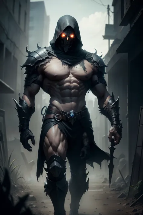 ultra realistic , Reaper of souls in a post-apocalyptic bakground facing a dark path with the determination to grow ever so strong with a tall, well-built body