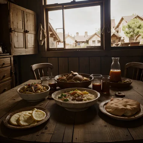 far west meal in an old plate, food looking disguting, all around its destroy, really poor house, high quality picture, 4k resolution