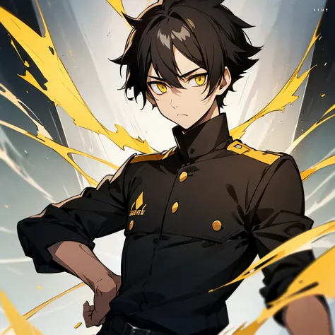 1 boy, black hair, yellow eyes, black uniform, calm face, short hair