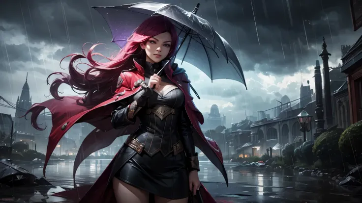 Femme charismatique, beau visage, Avec un parapluie, maîtriser la météo, par temps pluvieux avec une tempête derrière elle, dans le style de League of Legend