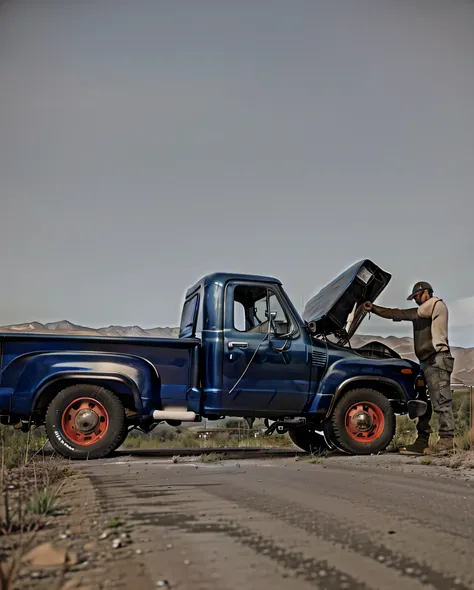 a man fixing his trucks engine on an empty road.