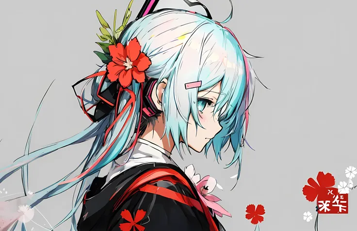 anime girl with flowers in her hair and a gray background, zerochan art, digital art on pixiv, zerochan, anime art wallpaper 4k, anime art wallpaper 4k, pixiv, trending on artstation pixiv, 2d art cover, hatsune miku, cyan colored hair, hatsune miku headph...