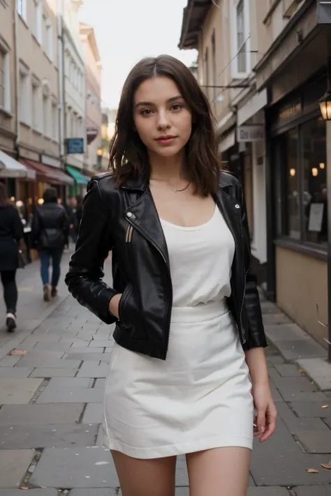 (/imagine prompt: A high-definition photo of a stylish woman, chic outfit with a leather jacket, urban European street background. Cobblestone streets, quaint cafe, bustling city vibe. Created Using: digital camera, high dynamic range, sharp focus on subje...