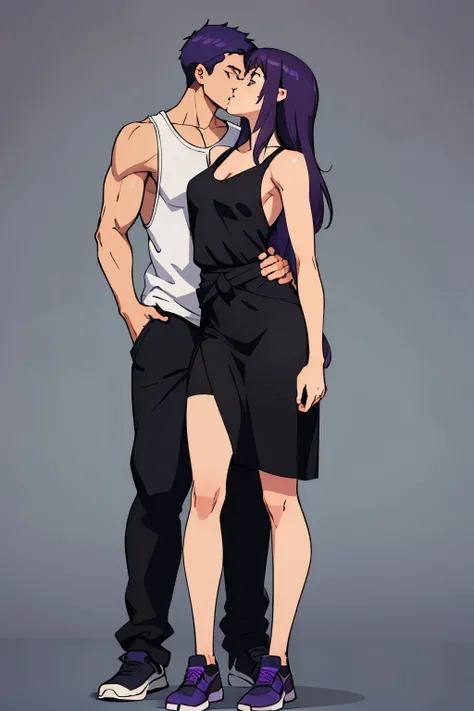 full body , couple kissing,guy and girl, guys hand on girls waist,girls shoulder open,tall  guy in black tank top and muscular body, girl having lean body and purple hair,kiss , lip lock,girls hands wrap around guys neck