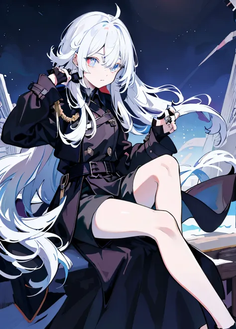 Long gradient hair，Black trench coat，long black silk，shorts，whole body，handicapped，Single eyes，heterochromatic pupils，Angel ring on head，Looking into the distance in the night sky，Royal sister，cold