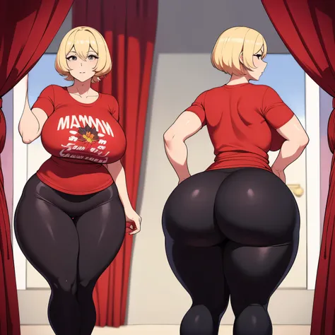 Peach skinned milf woman, she has short blonde hair, she has big soft breasts, she is wearing red t-shirt that says “mama”, she is pulling up her black flower design leggings, she has wide hips, very big thick thighs, big butt, very curvy, voluptuous, she ...