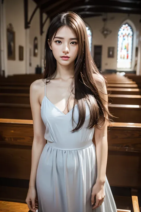 The beauty of 8K raw photos:2.0, long hair,15 years old, great face and dark eyes, stare at the camera, Expressionless, （Silver Dresses:1.2), realistic:1.9, very detailed CG 統合 8k 壁紙, very detailed, High resolution RAW color photos, cowboy shot, profession...