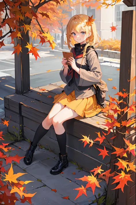 rating:safe, 1girl, autumn_leaves, solo, sitting, blonde_hair, autumn, leaf, black_footwear, hair_ornament, aki_shizuha, looking...