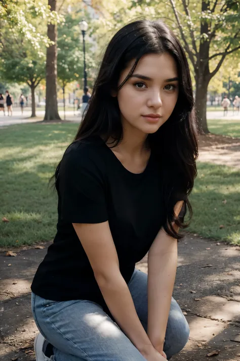 Beautiful girl, pretty face, cute face, Pointed nose, american girl, black hair, wearing black t-shirt, medium hair, in the park, afternoon, full body photo