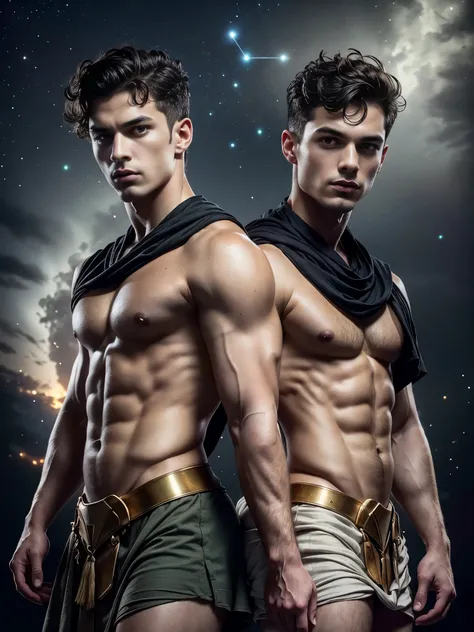 Photorealistic, twins, ((best quality)), ((masterpiece)), (detailed),masculine portrait of geminis, personificatioin of GEMINIS, (idenitcal twins:1.45), alike twins, looking exactly the same twins, clone twins, clones, 18-year-old male twins models, handso...