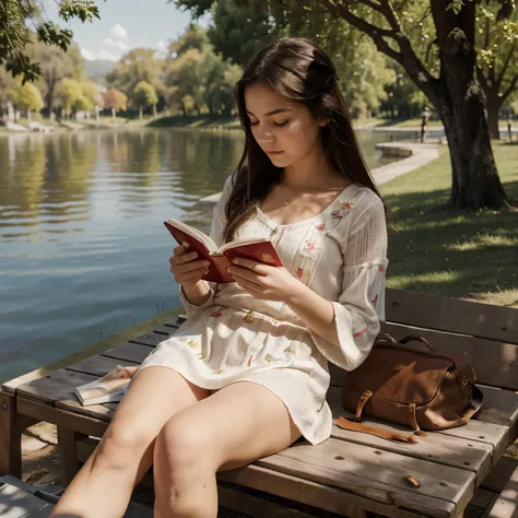 Girl reads a book by the lake, colores brillantes, primavera, ramas de sauce, comodidad, warm sunlight