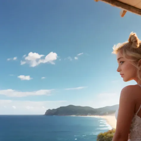 blonde woman sitting on a ledge overlooking the ocean and a beach, overlooking the ocean, karol bak uhd, girl looking at the ocean waves, looking at the ocean, Fotos impresionantescaliente, Mirando hacia el mar, cabello suelto de pie sobre una roca, lookin...