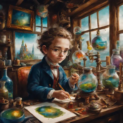 picture book illustrations,cuteのに不気味なwatercolor painting,scientist doing an experiment,artistically expressed, stylish alexander jansson, amazingly beautiful work, Landscape characters and elements fit perfectly within the image frame, Detailed realization...