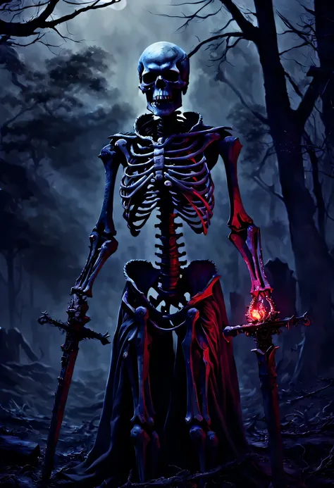 (best quality,4K,8k,high resolution,masterpiece:1.2),super detailed,Fear,dark,Spooky like,darkness,crawl,burnt bones,intense,ominous,bloody,memorable,threaten,Chills down the spine,Battle-hardened skeleton,Disturbing,Ghastly,ominous预感,skulls,red eyes,scary...