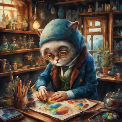 picture book illustrations,cuteのに不気味なwatercolor painting,scientist doing an experiment,artistically expressed, stylish alexander jansson, amazingly beautiful work, Landscape characters and elements fit perfectly within the image frame, Detailed realization...