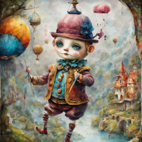 picture book illustrations,かわいいのに不気味なwatercolor painting,colorful marionette, artistically expressed, stylish alexander jansson, amazingly beautiful work, Landscape characters and elements fit perfectly within the image frame, Detailed realization, Definit...