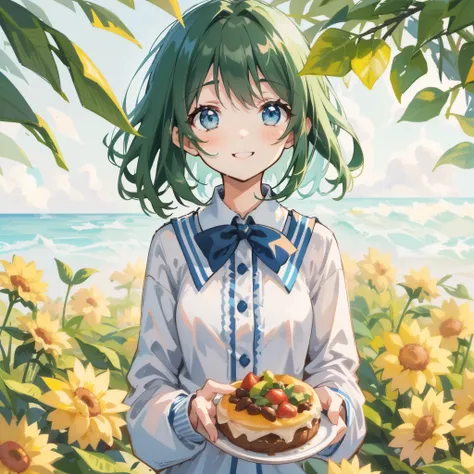 rating:safe, 1girl, solo, long_sleeves, bow, blue_eyes, smile, blush, shirt, looking_at_viewer, striped, short_hair, food, food_...