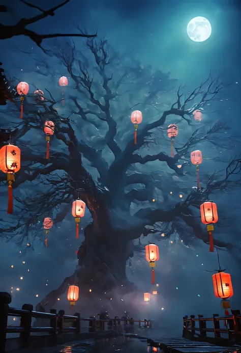 chinese ghost festival，nakahara universe，ghostly aura，night street chiaroscuro，detailed depiction of eerie tree branch textures，...