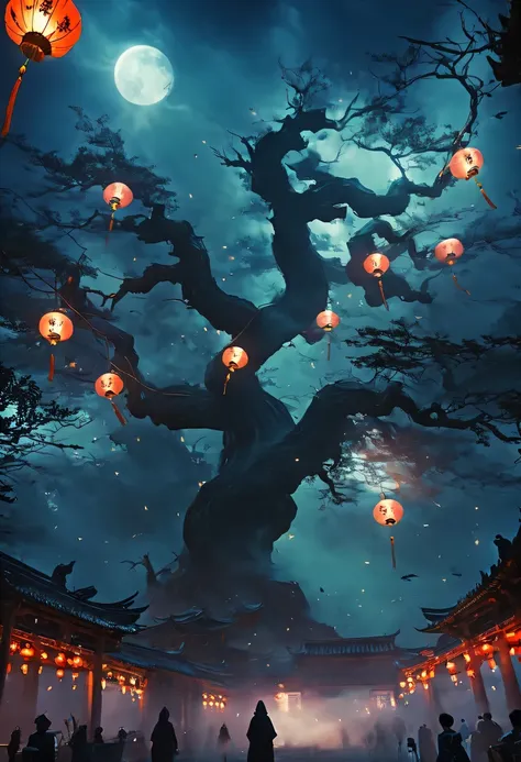 chinese ghost festival，nakahara universe，ghostly aura，night street chiaroscuro，detailed depiction of eerie tree branch textures，...