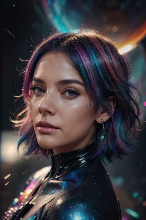 Stunning woman with bright neon colored hair., Shining light amid galaxy formation, Illustrations by David Diaz and Zakimichan.., Detailed and realistic textures, bright colors, Surreal and mysterious, exaggerate, modern art, digital painting, Trending on ...