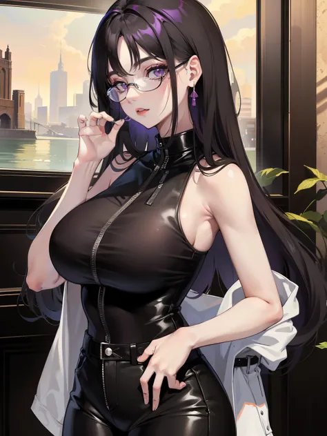 young girl, Long black hair, violet eyes, eyeglasses, Black sleeveless shirt, Huge-breasts, pants, fuel oil, An overly curious person, Masterpiece, hiquality