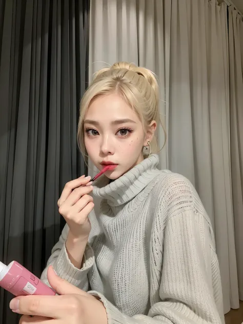 blonde woman in gray sweater holding a lipstick in front of her face, maquillaje popular de corea del sur, maquillaje coreano popular, parque roseanne de blackpink, jennie rosa negro, CL, heonhwa choe, chen xintong, jossi de blackpink, muchacha coreana, pa...