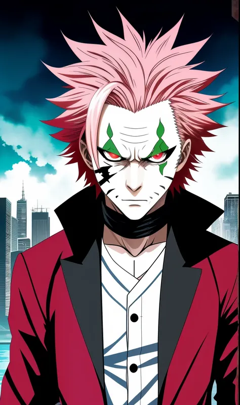 Sukuna from the anime Jujutsu Kaisen, masterpiece, ultra detailed, Best quality, ]Anime guy with pink hair and a black jacket holding a cigarette, The Joker is similar to Naruto, , Akiyuki Shinbo, jujutsu kaisen, , Akira Akatsuki, ichigo kurosaki, Ohararyu...