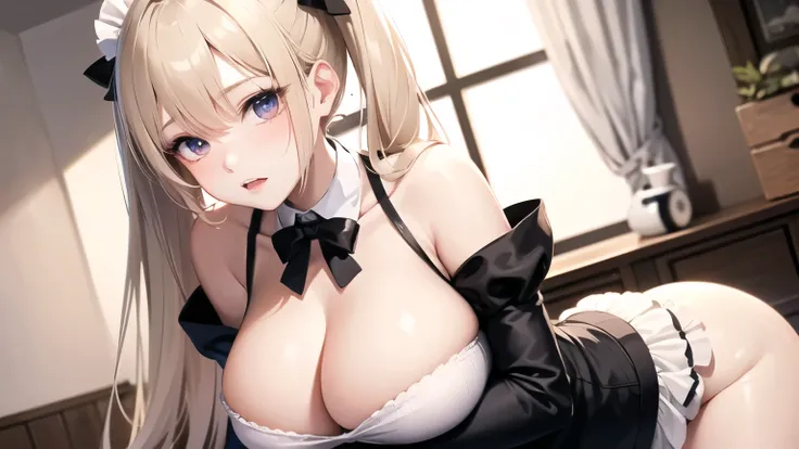 (((masterpiece, best quality))), cute girl, ((extremely detailed girl)), (huge breasts), (maid uniform), (bare shoulders), soft and smooth skin, twin tail blonde, cleavage