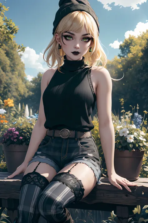 masterpiece, absurdres , (intricate details), (colorful),cinematic lighting,bust shot,extremely detailed CG unity 8k wallpaper, 1 woman, blonde hair, black cloth beanie, black plaid flannel,green tank top, black shorts, Grey and white striped thigh highs, ...