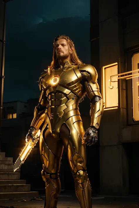 cyberpunk and dark_In a world of fantasy, Zeus in golden cyberpunk style. Darkness and brilliant red light surround him., Standing tall on a steel metal street holding a huge chain saw. The old mechanical suit shines golden light., Increases Zeus&#39; powe...