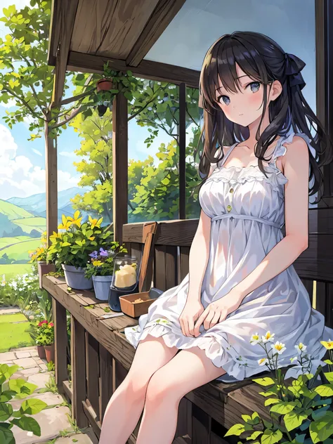 masterpiece, highest quality, High resolution, 1 girl,countryside,veranda,sundress