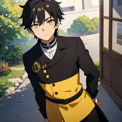 1 boy, black hair, yellow eyes, black uniform, calm face, short hair, handsome, 15 years old boy