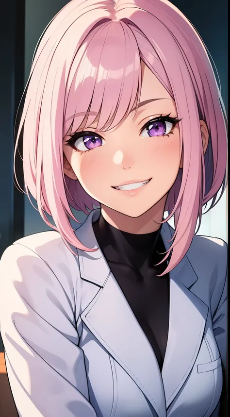 (masterpiece, Best quality), complex parts, thin, ((Slim)), Beautiful girl, light pink hair, White skin, light purple eyes, Sharp jawline, cropped jacket, dirty hair, plump lips, Upper body, Close-up, grin