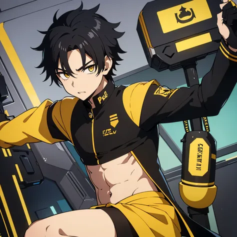 1 boy, black hair, yellow eyes, black uniform, calm face, short hair, handsome, 15 years old boy