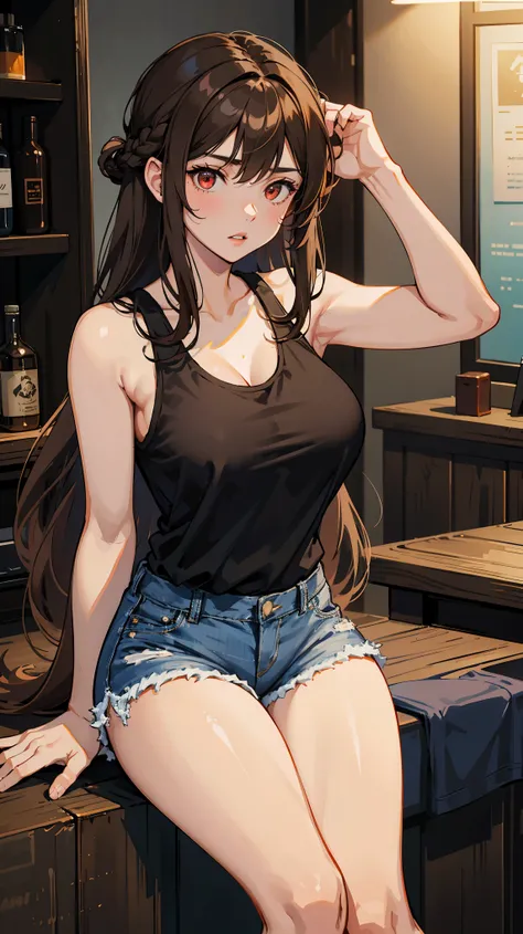 1girl, brown hair, long hair, black tank top, sexy, big breasts , blue denim shorts, parted lips, random hairstyle, big , red eyes